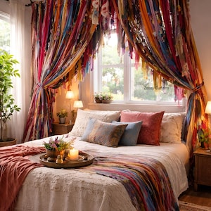 Op de afbeelding: Een slaapkamer met kleurrijke, bohemien gordijnen gemaakt van stoffen stroken. De gordijnen omlijsten een raam en zijn vastgebonden. Het bed heeft een wit dekbed, decoratieve kussens en een kleurrijke loper. Een dienblad met een kaars en bloemen staat op het bed.