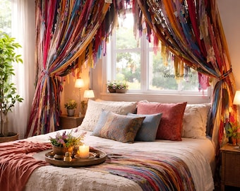 May include: A bedroom with colorful, bohemian-style curtains made of fabric strips. The curtains frame a window and are tied back. The bed has a white comforter, decorative pillows, and a colorful runner. A tray with a candle and flowers sits on the bed.
