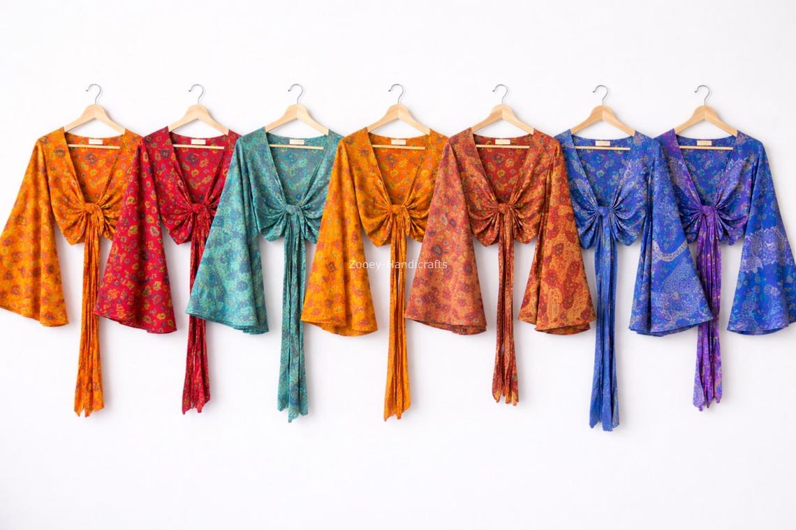 Upcycled Vintage Silk Sari Crop Top Boho Sustainable Indian Wrap Blouse Festival Unique Handmade, foto 1 di 5