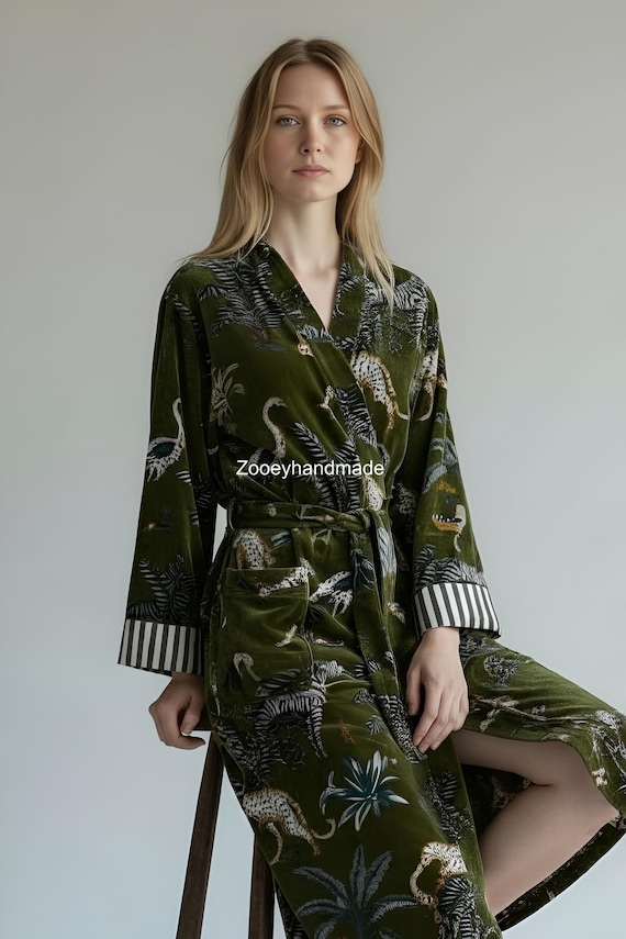Reversible Indian Cotton Velvet Forest Print Kimono Long Robe, Handmade women Bath Robe