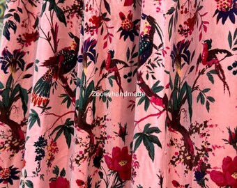 Indian Vintage Velvet Bird Print Curtains: Peach Pink Boho Drapes
