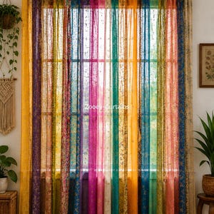 Boho Patchwork Siden Sari Gardin Vintage Indisk Fönsterpanel Handgjorda Boho Heminredningsgardiner