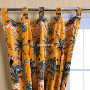 Indian Vintage Velvet Curtains: Mustard Jungle Print, Boho Drapes