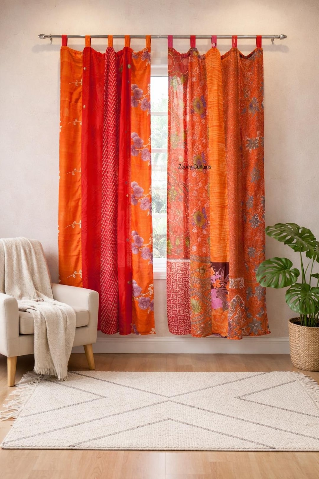 Orange Boho Vintage Indian Silk Sari Window Curtain Handmade Bohemian ...