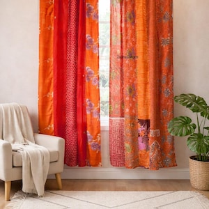 Cortina de ventana de sari de seda india estilo boho vintage naranja hecha a mano, panel boho para decoración de sala de estar y dormitorio.