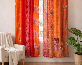 Orange Boho Vintage indische Seide Sari Fenster Vorhang handgemachte Boho Panel Wohnzimmer Schlafzimmer Dekor