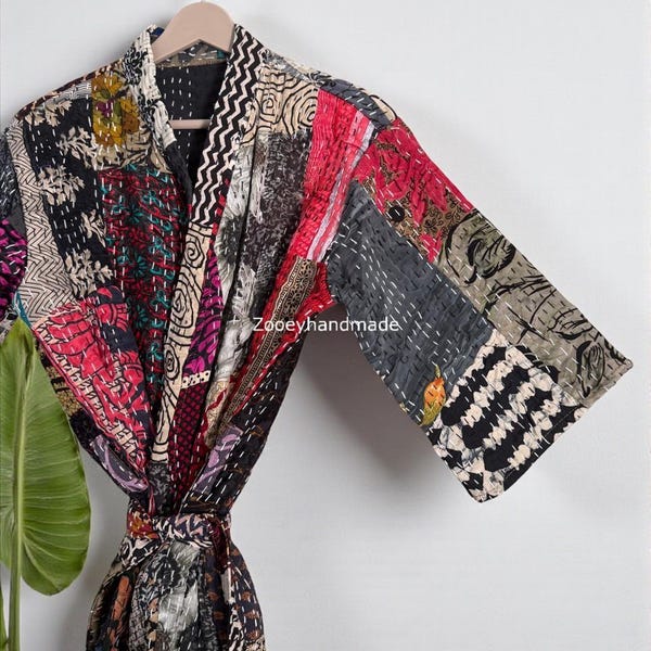 Winter Kantha Quilted Kimono Robe, Indian Cotton Patchwork, 45" Long