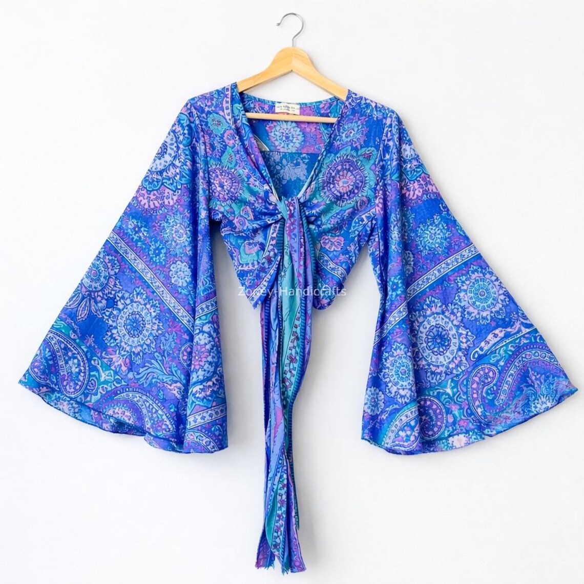 Upcycled Vintage Silk Sari Crop Top Boho Sustainable Indian Wrap Blouse Festival Unique Handmade, foto 3 di 5