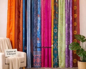 Boho Patchwork Silk Sari Curtain Vintage Indian Window Panel Handmade Bohemian Home Decor Drapes