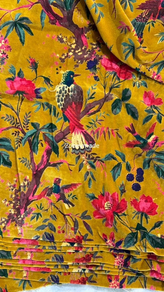 Mustard Velvet Fabric, Bird Print, 44" Wide