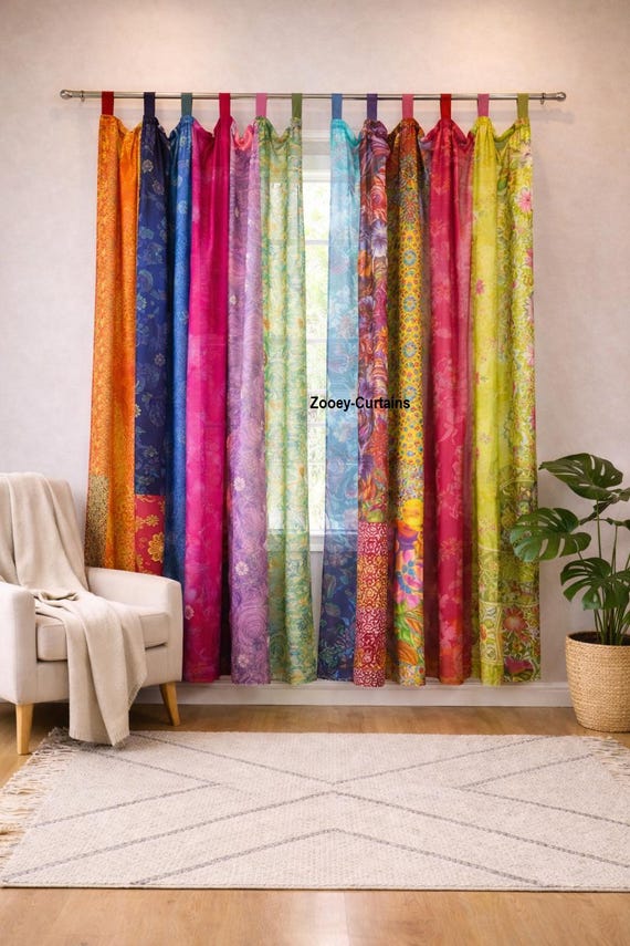 Multicolor Boho Vintage Indian Silk Sari Window Curtain Handmade Bohemian Drapes Panel Bedroom Livingroom