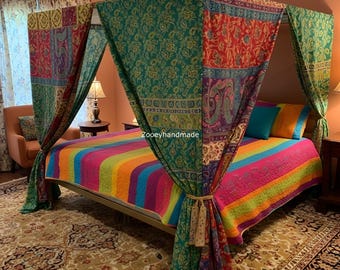 Bohemian Vintage Silk Sari Bed Canopy Patchwork Curtain Indian Boho Chic Bedroom Decor