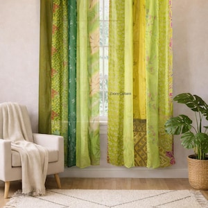 Green Boho Vintage Indian Silk Sari Window Curtain Handmade Bohemian Panel Livingroom Bedroom Decor