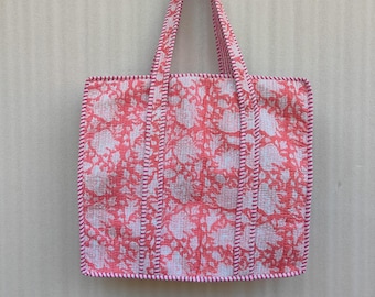 Hand Block Print Cotton Quilted Tote Bag - Pink Floral Shoulder Bag