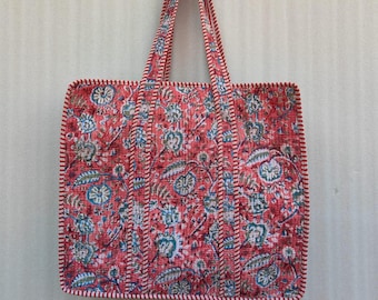 Handblock blommig quiltad tygväska: Röd & grön bomull, Jaipur