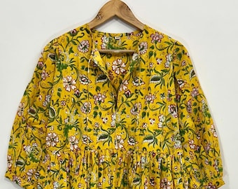 Gele katoenen maxi-jurk met bloemen: handgemaakte boho loungewear met blokprint