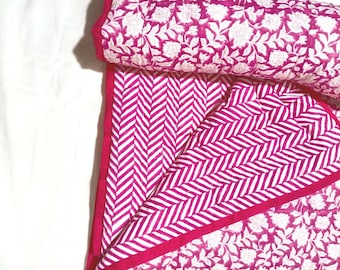 Jaipuri Block Print Pink Quilt, Handmade Cotton Razai, Lightweight Bedspread & Bohemian Throw Blanket