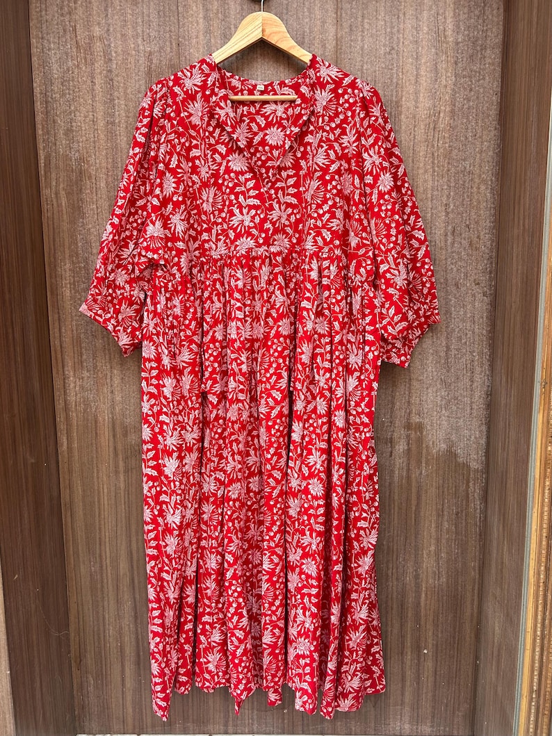 Geometric Patch Cotton Midi Dress – Boho Block Print with Puff Sleeves & Ruffle Hem