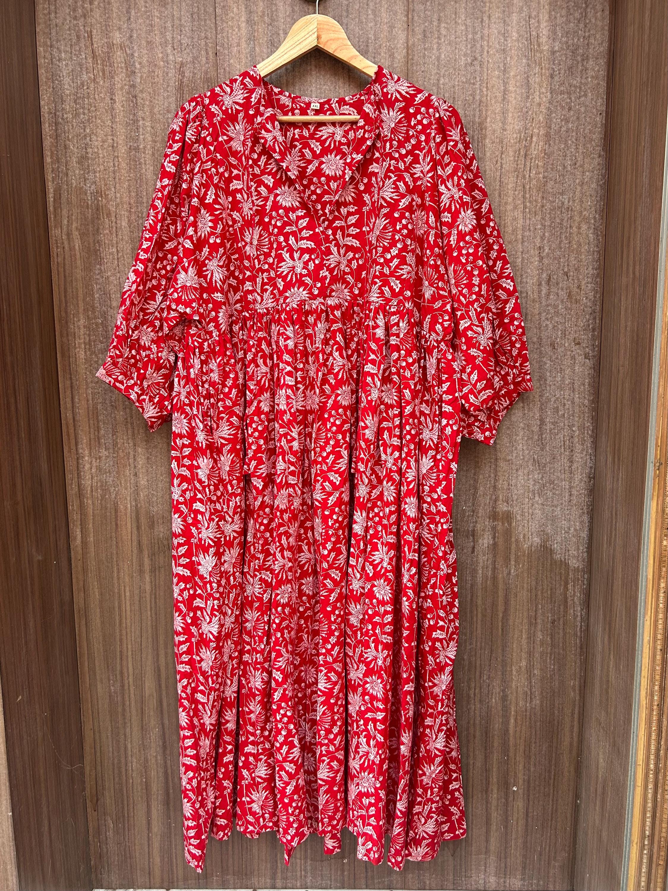 Olive Green Floral Block Print Cotton Smocked Dress – Handcrafted Boho Midi Sundress