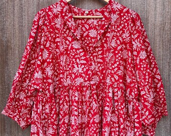 Handmade Floral Cotton Midi Dress: Block Print Bohemian Tunic