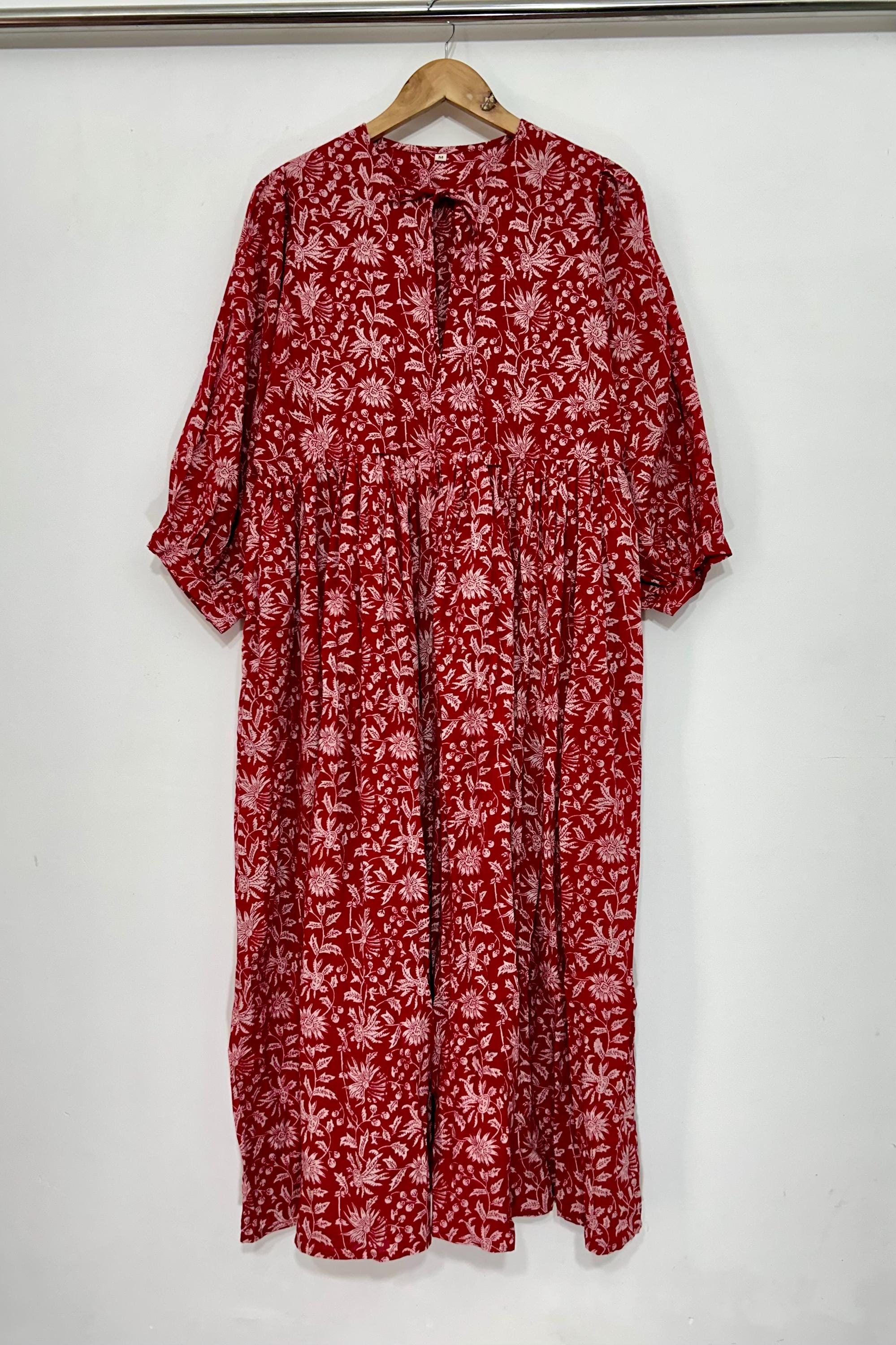 Beige Floral Hand Block Printed Cotton Midi Dress – Smocked Bodice Puff Sleeve Boho Dress
