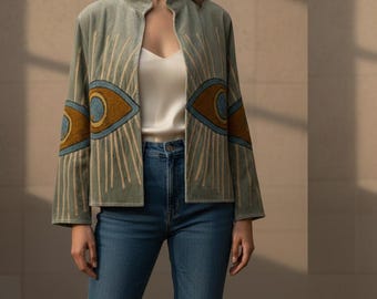 Embroidered Velvet Jacket, Evil Eye Boho Coat, Festival Outerwear