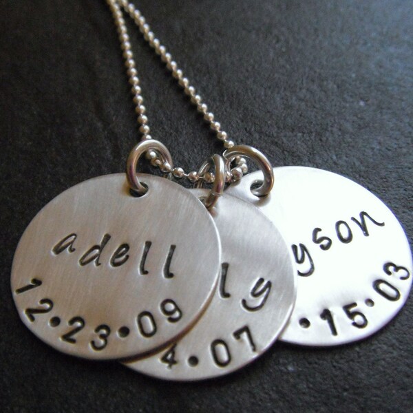 Hand Stamped Mommy Necklace - Personalized Jewelry - Sterling Silver - 3 Disc Childrens Name Necklace -