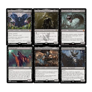 May include: Six Magic: The Gathering trading cards. The cards feature various creatures and spells, including "Maha, Its Feathers Night," "K'rrik, Son of Yawgmoth," and "Massacre Wurm." The cards have black borders and detailed fantasy artwork.