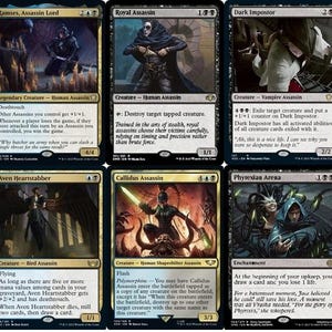 May include: Six Magic: The Gathering trading cards featuring assassin characters. The cards showcase various assassins with unique abilities and artwork. The cards include "Ramses, Assassin Lord", "Royal Assassin", "Dark Impostor", "Aven Heartstabber", "Callidus Assassin", and "Phyrexian Arena".
