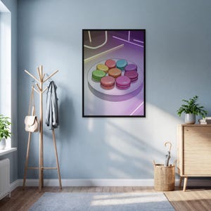 Macaron Wall Art Print, Neon Pastel Dessert Poster, Framed Modern Kitchen Decor, Colorful Cafe Illustration, Fun Gift For Food Lovers