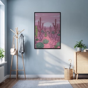 Desert Cactus Wall Art Print, Pink Sunset Poster With Green Succulents, Framed Southwestern Artwork, Colorful Boho Decor For Living Room