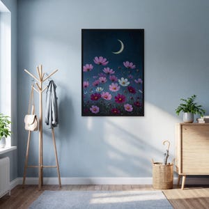 Moonlight Flower Field Wall Art Print, Framed Night Garden Poster, Dreamy Floral Painting, Starry Sky Botanical Decor For Bedroom Or Hallway