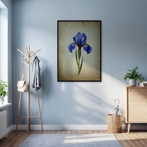 Vintage Iris Flower Wall Art Print, Framed Botanical Poster With Cracked Texture, Blue Purple Floral Illustration, Antique Style Home Decor