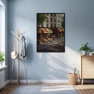 Paris Cafe Wall Art Print, French Street Scene Poster, Framed Urban Illustration, Cozy Coffee Shop Decor, Kitchen Living Room Gift Idea