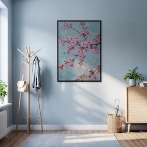 Cherry Blossom Wall Art Print, Framed Pink Flower Poster, Sky Blue Botanical Painting, Spring Tree Branch Decor For Bedroom Or Entryway