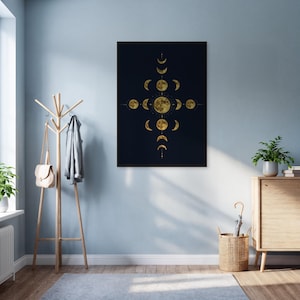 Moon Phases Wall Art Print, Gold Celestial Poster, Framed Lunar Cycle Decor, Dark Boho Style, Spiritual Minimalist Design, Gift For Her