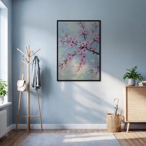 Impresión artística de pared con rama de cerezo en flor, póster floral enmarcado, pintura de flores de primavera rosa, decoración botánica azul y beige para sala de estar o recibidor.