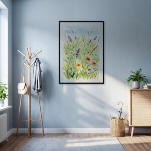 Impression d&#39;art mural aquarelle de fleurs sauvages, affiche cottagecore botanique, illustration de prairie pastel encadrée pour une décoration inspirée de la ferme ou de la nature