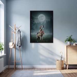 Mystical Wolf Wall Art Print, Full Moon Forest Poster,Dark Fantasy Animal Decor, Framed Night Scene, Spirit Animal Artwork, Gift For Him Her