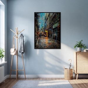 Urban Street Wall Art Print, Night City Alley Poster With Frame Option, Rain Reflection Decor, Moody Modern Artwork For Loft Or Studio