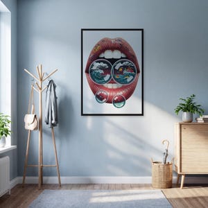 Pop Surreal Lippen Wand Kunst Druck, Meeresblase und Graffiti Poster, gerahmtes Modernes Kunstwerk für Studio oder Wohnzimmer, Geschenk für mutige Kunstliebhaber