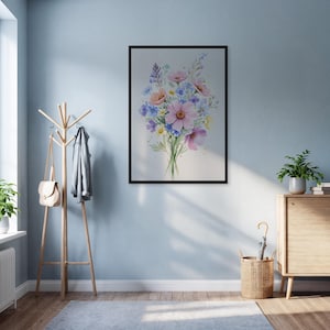 Watercolor Flower Wall Art Print, Pastel Wildflower Poster, Framed Soft Botanical Decor, Spring Bloom Living Room Bedroom Gift Idea