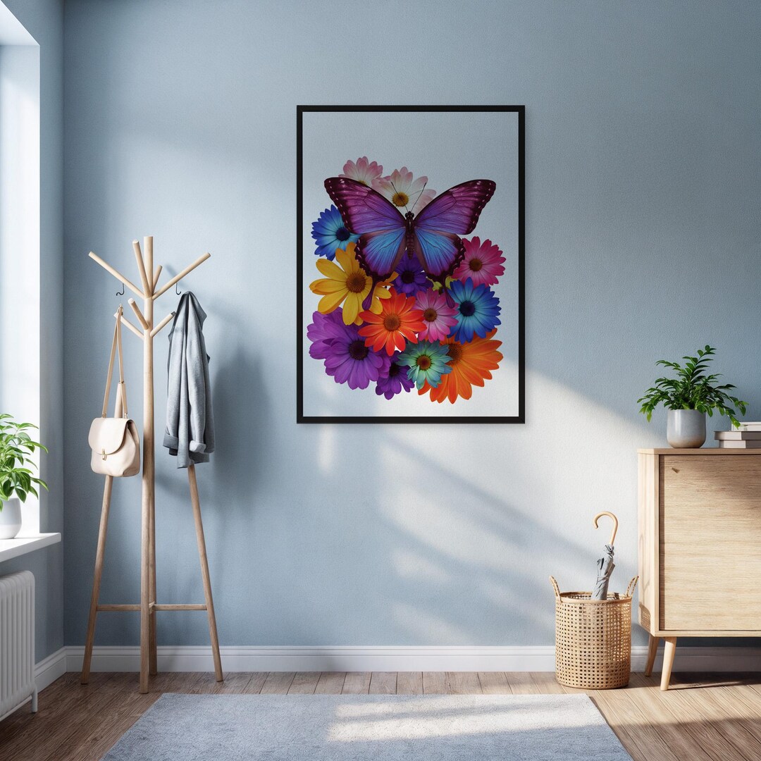 Rainbow Butterfly Wall Art Print With Framed Option, Colorful Floral ...