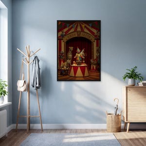 Vintage Circus Wall Art Print, Clown With Animals Poster, Framed Carnival Artwork, Retro Red Yellow Decor For Playroom Or Eclectic Interior
