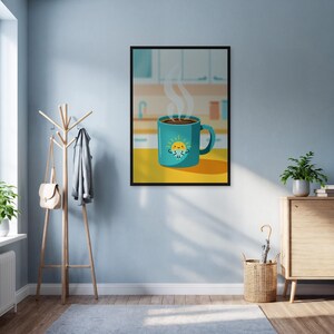 Cute Coffee Mug Wall Art Print, Framed Morning Kitchen Poster With Blue Cup And Happy Sun,Cheerful Gift For Coffee Lovers Or Cozy Home Decor