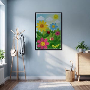 Smiling Flowers Kids Wall Art Print, Ladybug Snail Caterpillar Garden Poster, Framed Nursery Decor For Playroom Or Toddler Bedroom Gift