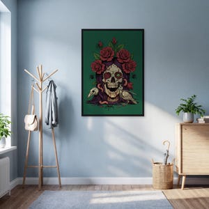 Gothic Skull Wall Art, Red Roses And Raven Print, Dark Fantasy Floral Poster, Framed Macabre Decor For Gothic Bedroom Or Alternative Spaces