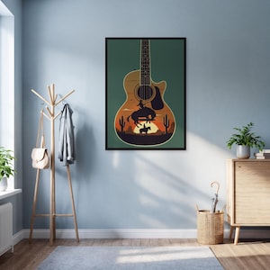 Westerngitarre Wandkunstdruck, Cowboy Sonnenuntergang Wüste Silhouette Plakat, Musikliebhaber Geschenk Dekor, gerahmte Landkunst für rustikale oder Vintage Häuser