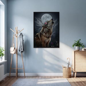 Mystic Wolf Wall Art Print, Full Moon Forest Poster, Spiritual Animal Decor, Framed Nature Scene, Boho Floral Howling Wolf, Gift For Her