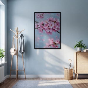 Cherry Blossom Wall Art Print, Soft Pink Flower Branch Poster, Spring Botanical Decor, Romantic Nature Painting, Framed Art Option
